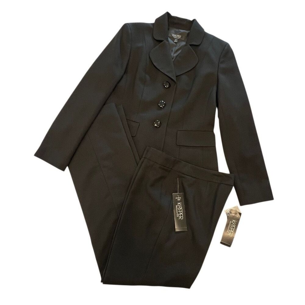 Kasper Separates Womens Single-Breasted Blazer 2-Piece Pant Suit Black 4P/2P NWT